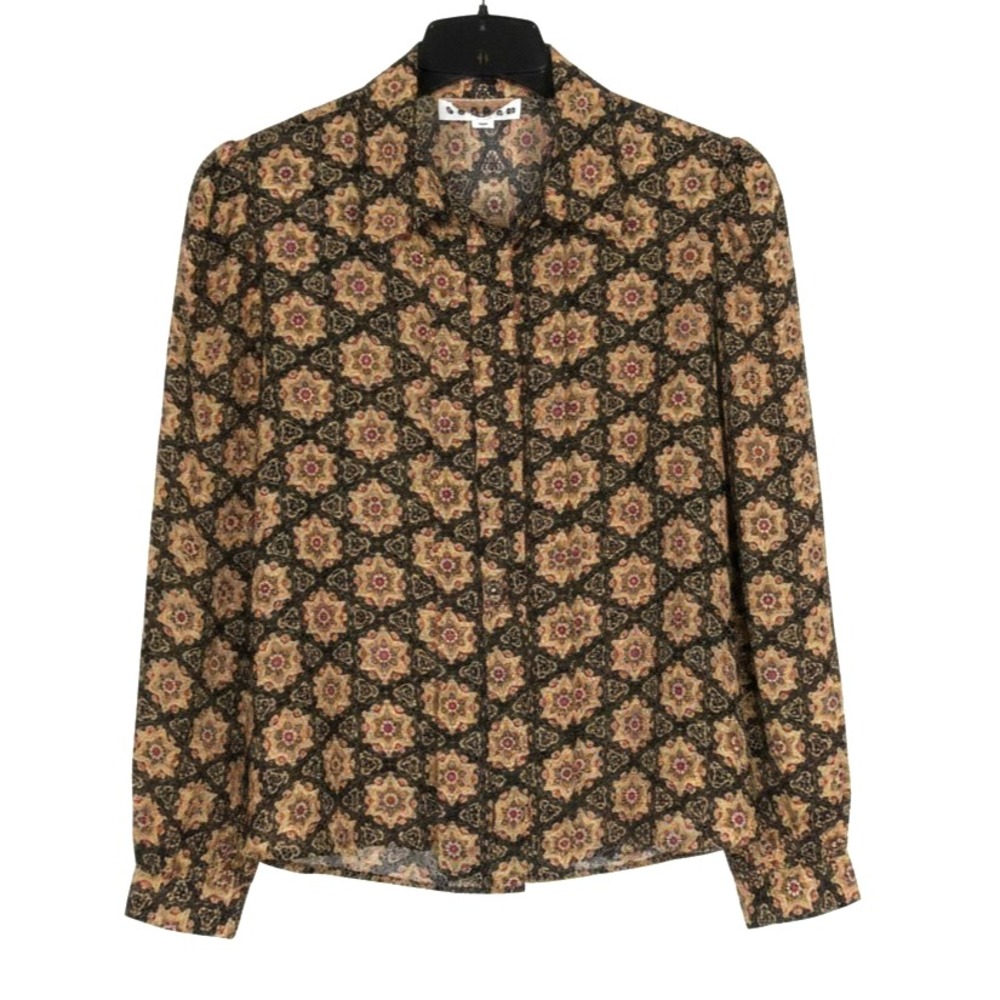VTG JORDAN Black/Brown FLORAL Georgette PLEATED FRONT Button-Up BLOUSE/TOP 13/14